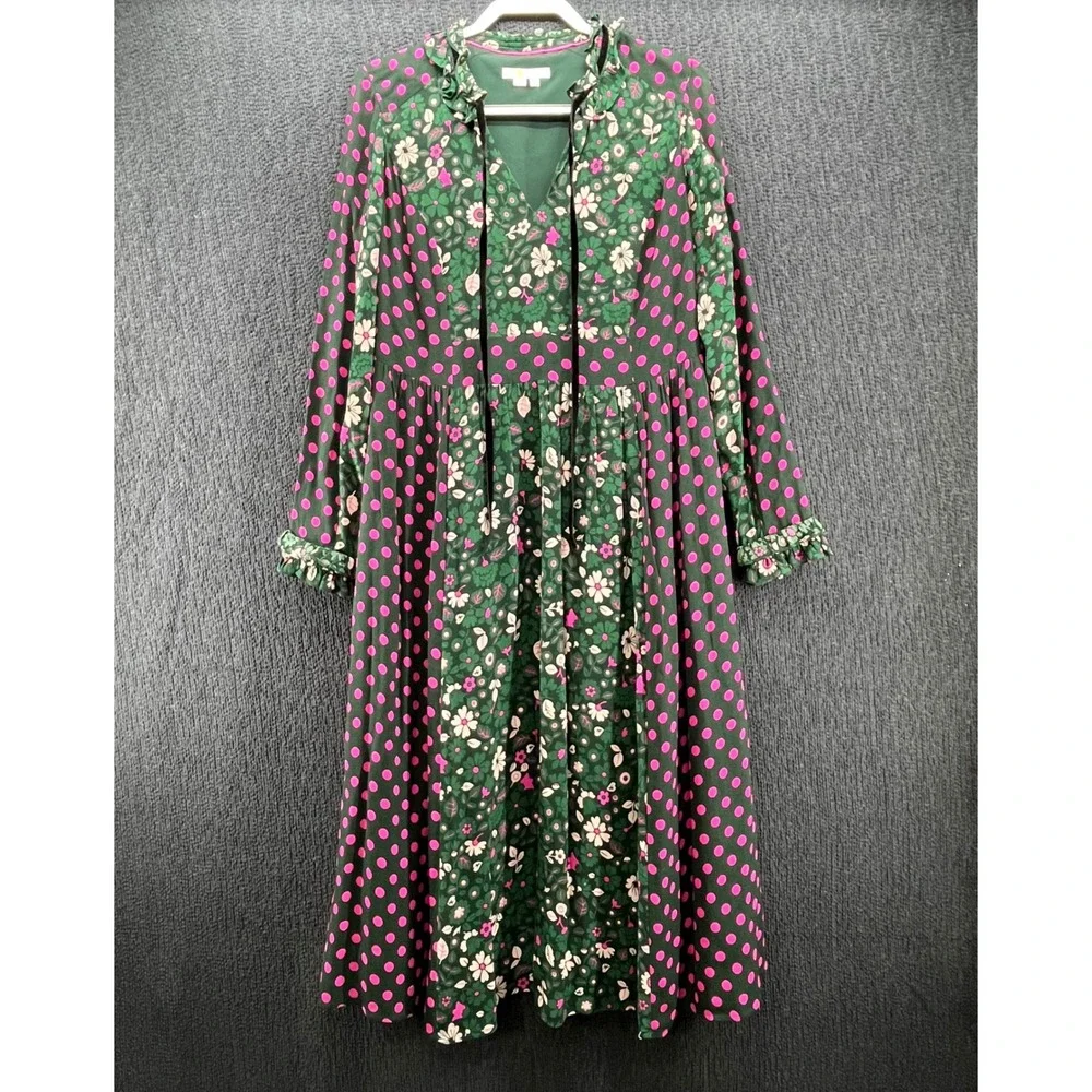 Boden Cecilia Floral Polka Dot Mixed Print Midi Dress Velvet Tie US 10R - Picture 2 of 9